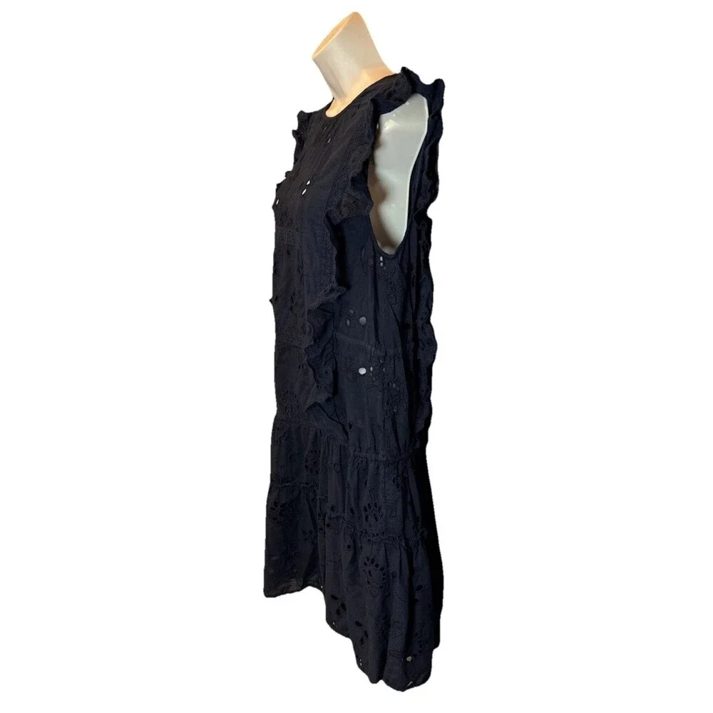 MISA Marieta Eyelet Mini Dress Size L Navy Ruffle Tiered Boho